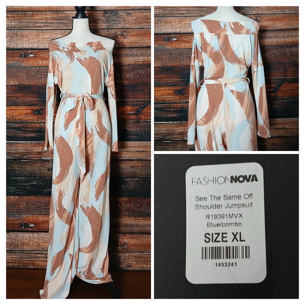 NWT Fashion Nova Jumpsuit XL Wide Leg Belted Off Shoulder Abstract Stretch